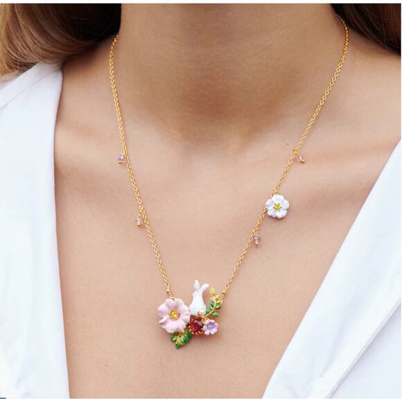 Les Nereides Enchanted Encounter Bunny on Pink Flower Pendant Necklace NWT - Picture 1 of 14